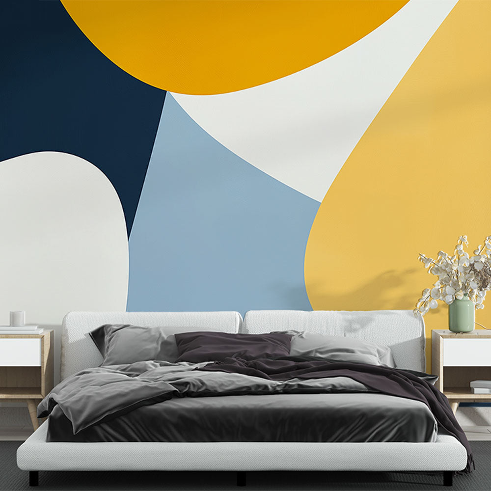 Modern geometric wallpaper with yellow and blue curves creating depth in a minimalist living room setting