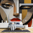 Modern geometric face wallpaper creating a bold statement wall in a minimalist living room with clean lines and contemporary furniture