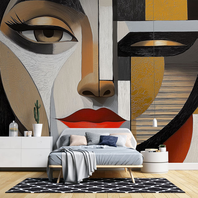 Modern geometric face wallpaper creating a bold statement wall in a minimalist living room with clean lines and contemporary furniture