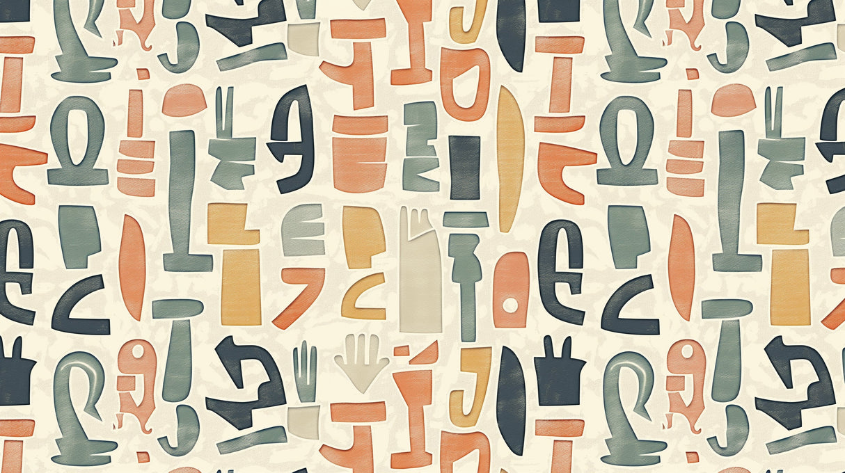 Modern geometric abstract wallpaper in sage and terracotta tones creating a stunning focal point in a minimal living room