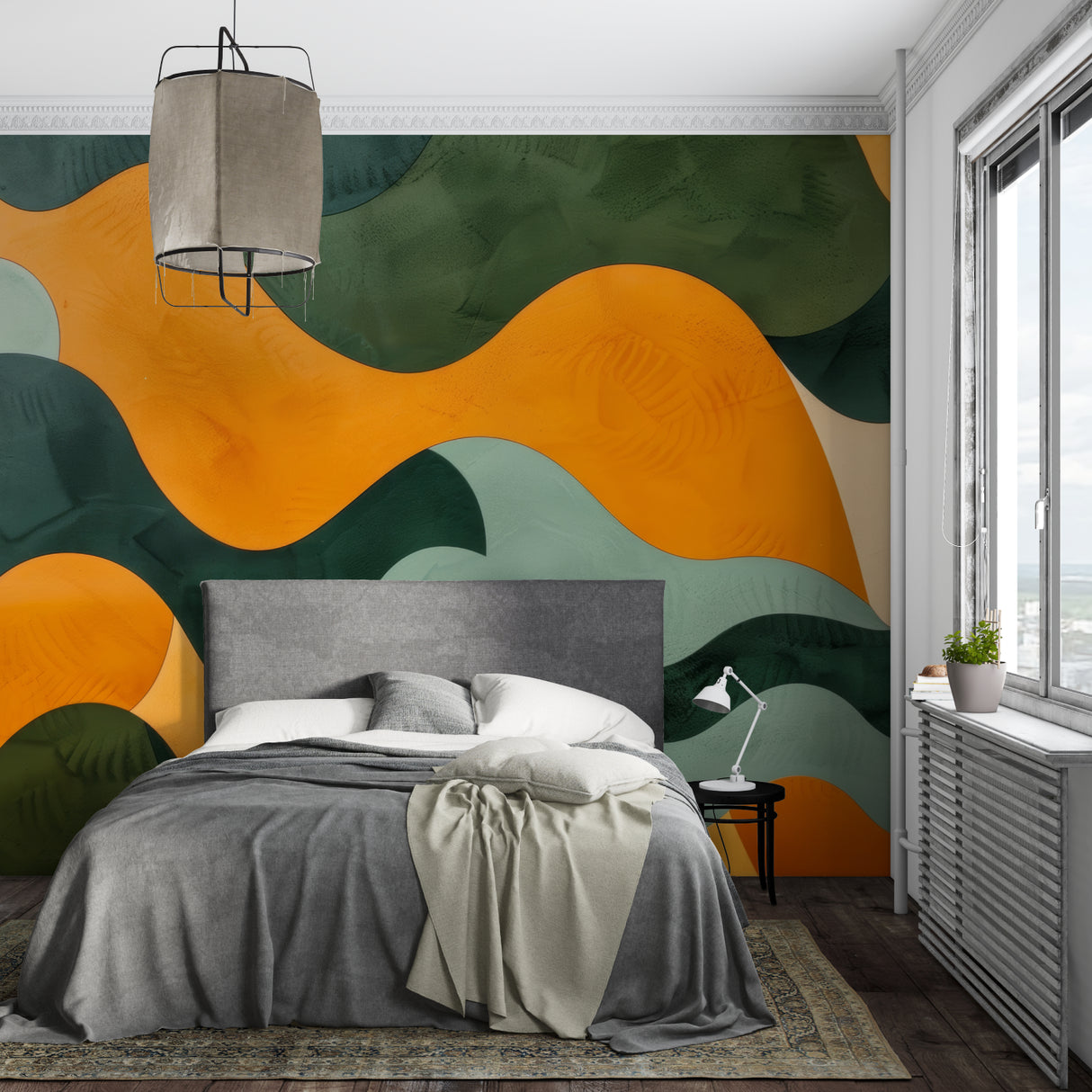 Modern abstract wave wallpaper bringing vibrant energy to a minimalist living room setting