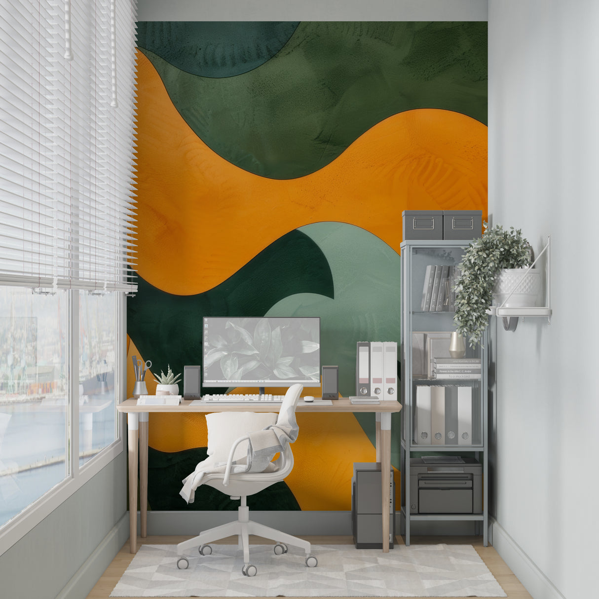 Abstract wave pattern transforming a modern dining room with bold curves