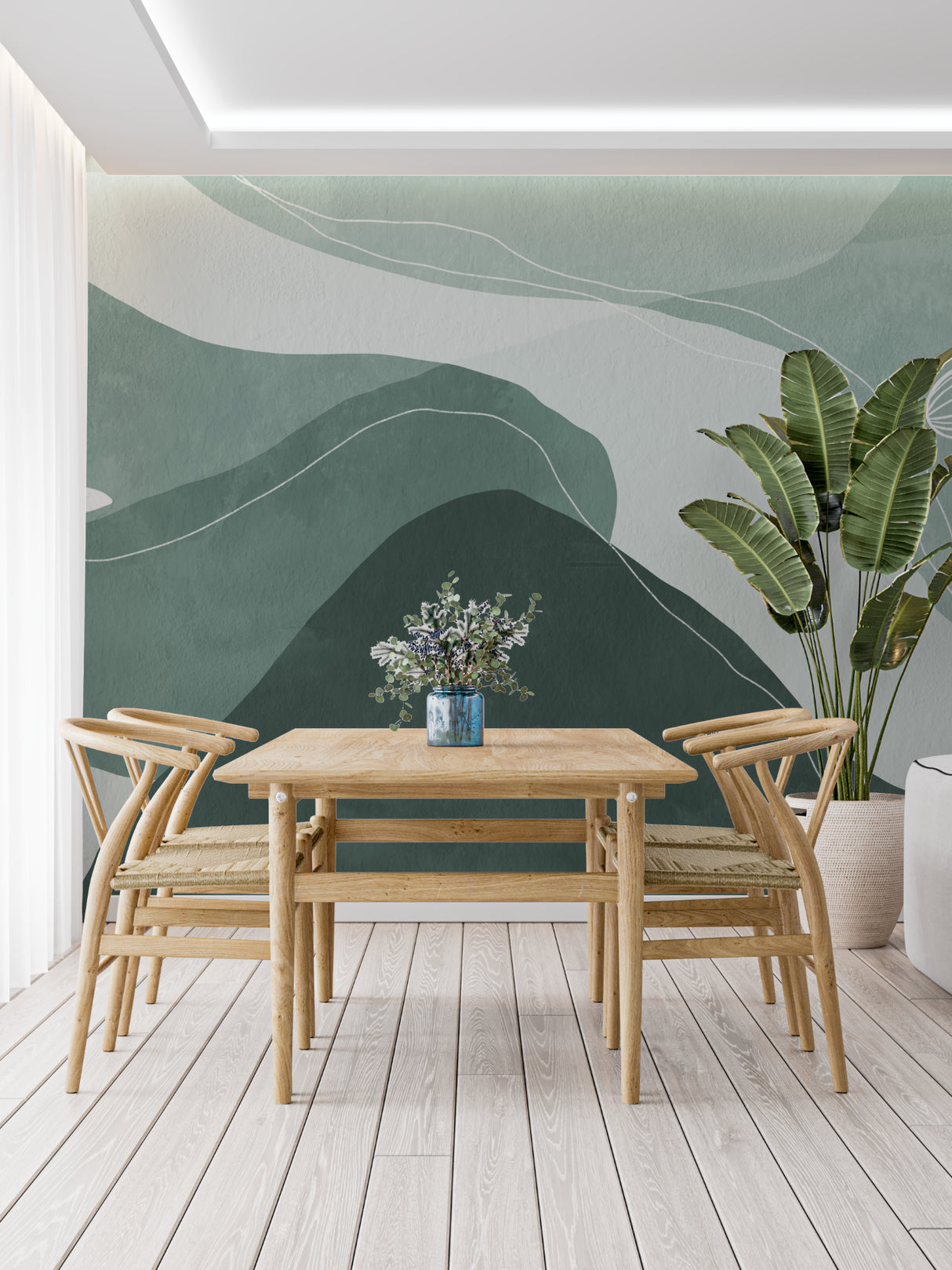 Abstract mountain wall mural in minimalist home office with natural light