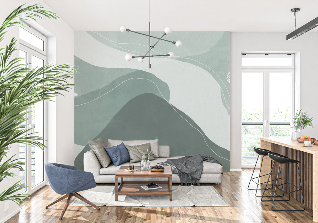 Green mountain abstract wallpaper creating depth in contemporary dining room