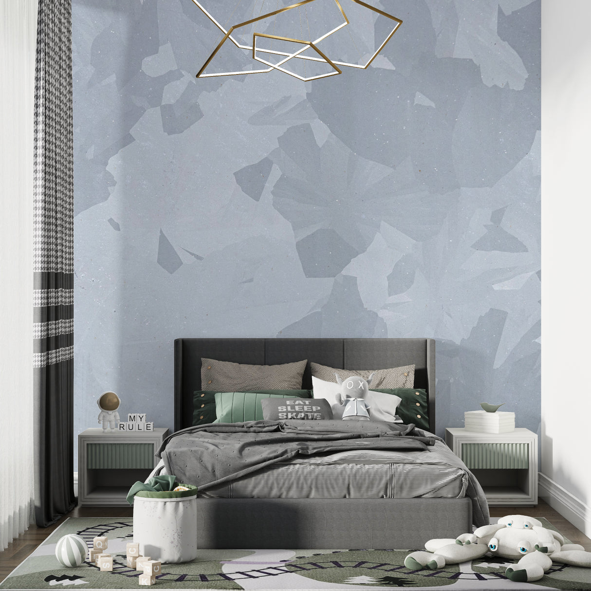 Modern grey geometric wallpaper in a minimal living room setting with natural light highlighting the pattern