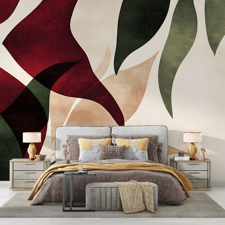 Modern abstract leaf wallpaper in burgundy and green tones creating a striking feature wall in a minimalist living room