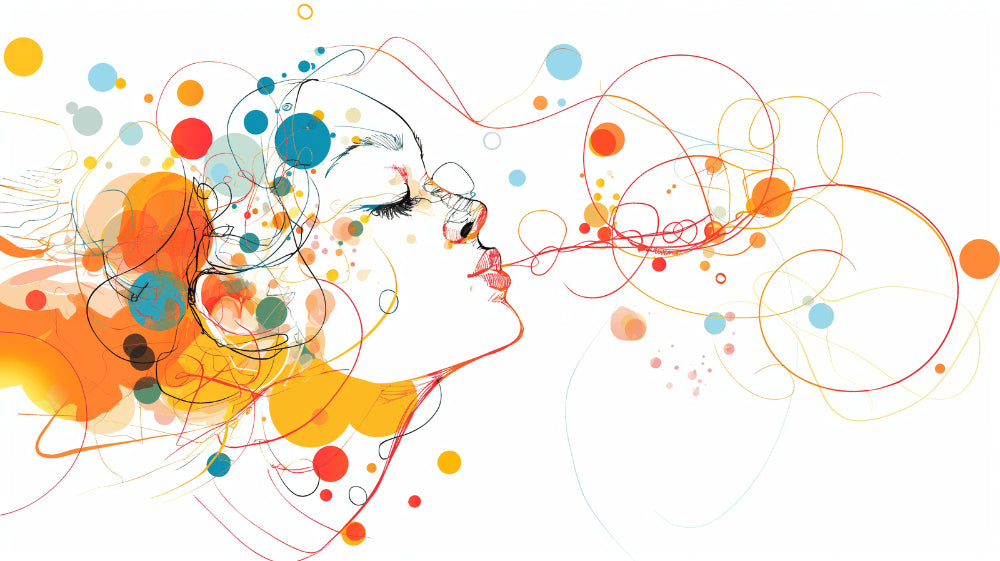 Abstract line art wallpaper design file showing elegant profile with floating orange and blue bubbles on white background