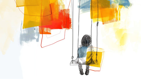 Modern abstract wall mural with yellow and orange line art bringing warmth to a minimalist living room setting