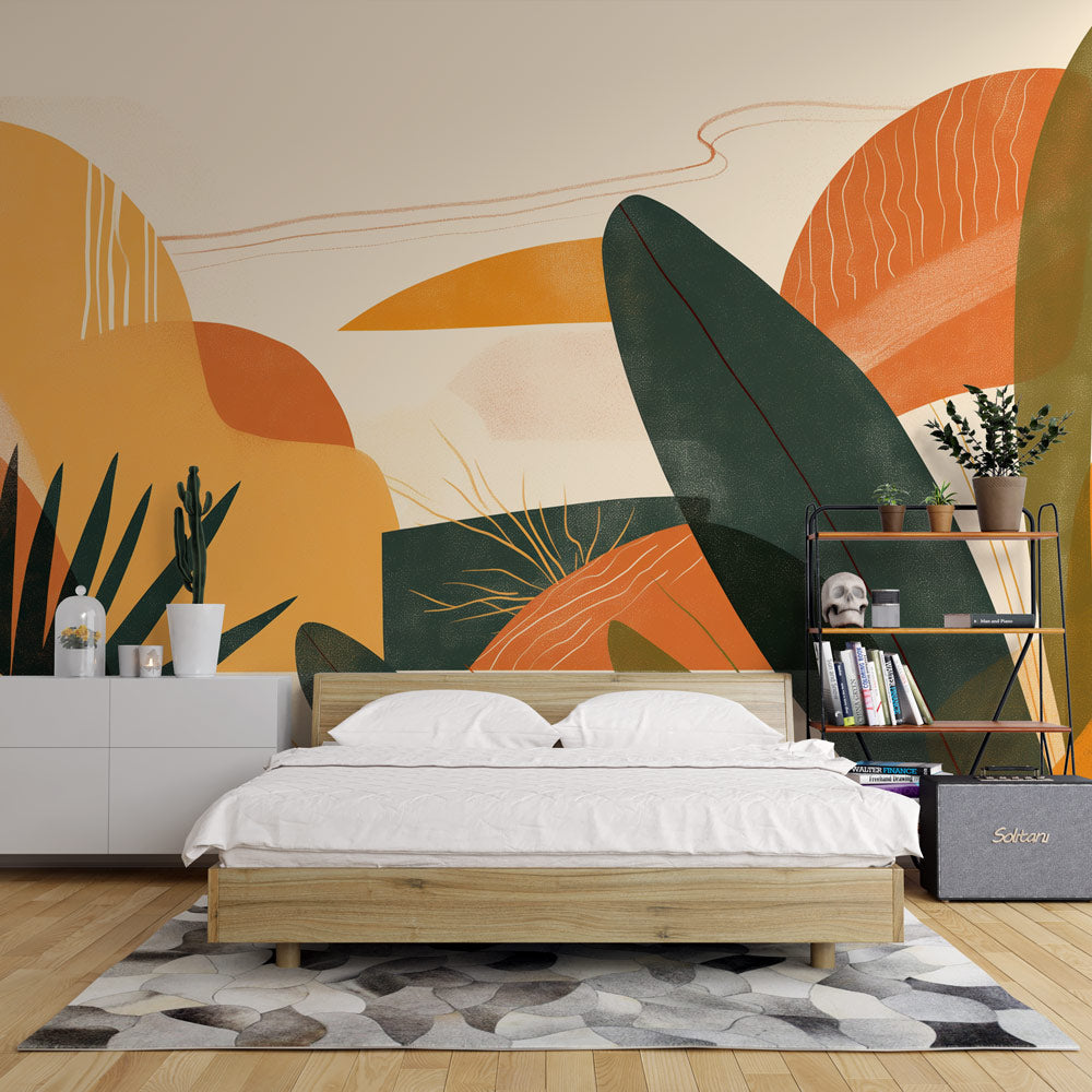 Modern abstract geometric wallpaper with nature elements creating a stunning focal point in a bright contemporary living room