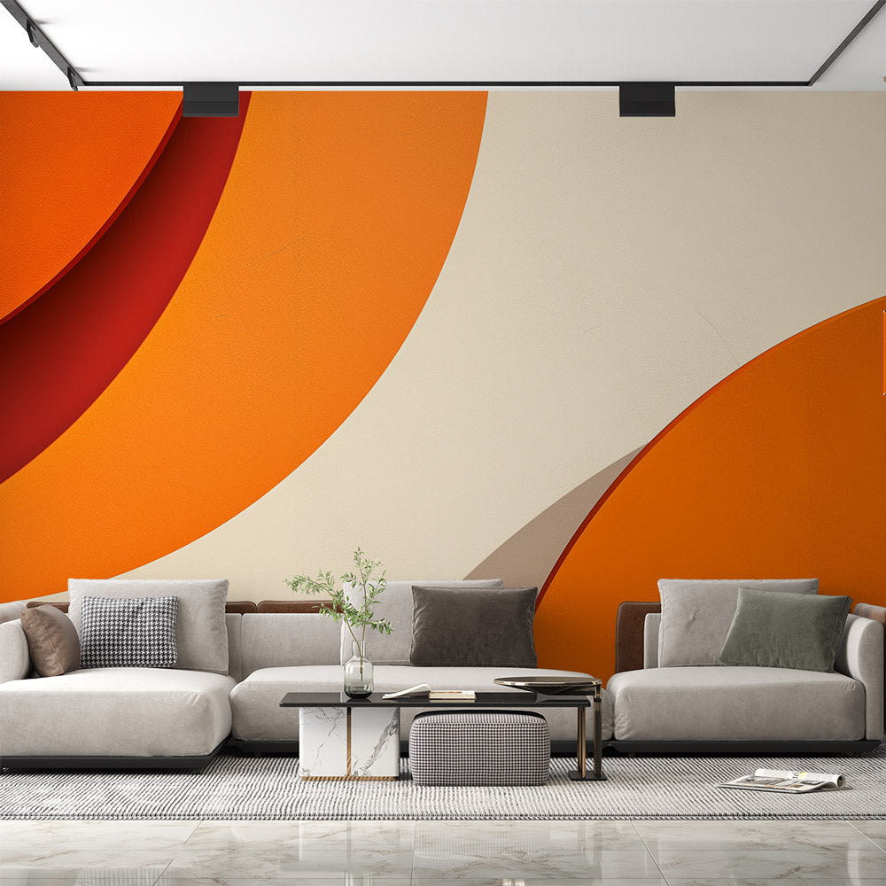 Modern orange abstract wallpaper bringing warmth to a minimalist living room with contemporary furniture