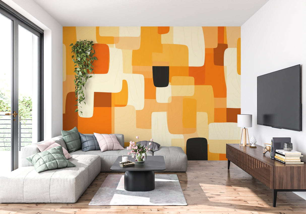 Modern orange geometric wallpaper in bright living room setting with grey sofa and plants