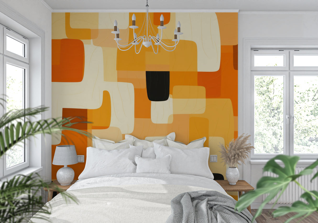 Abstract orange wall mural in minimalist dining room with wooden table