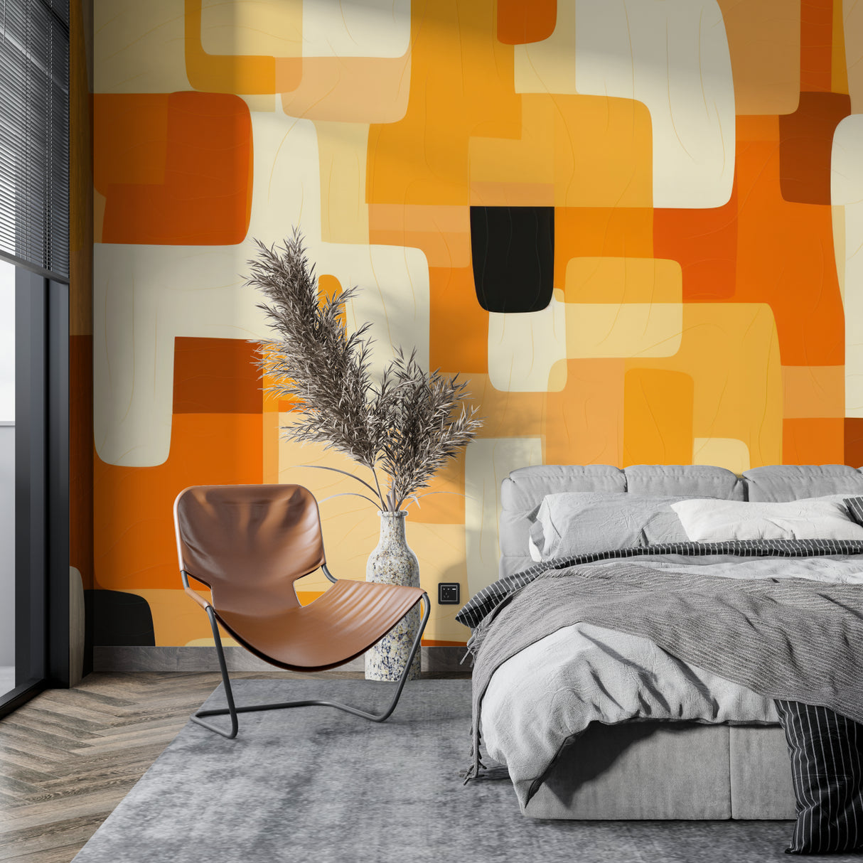 Geometric orange wallpaper creating statement wall in modern home office