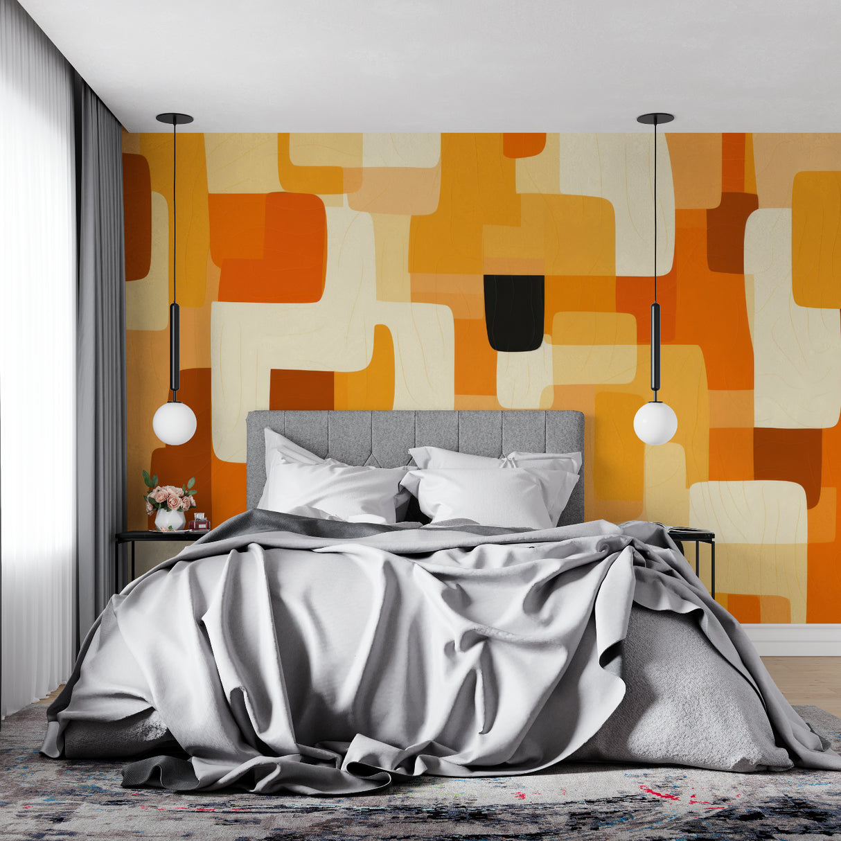 Orange geometric mural wallpaper in stylish hallway setting