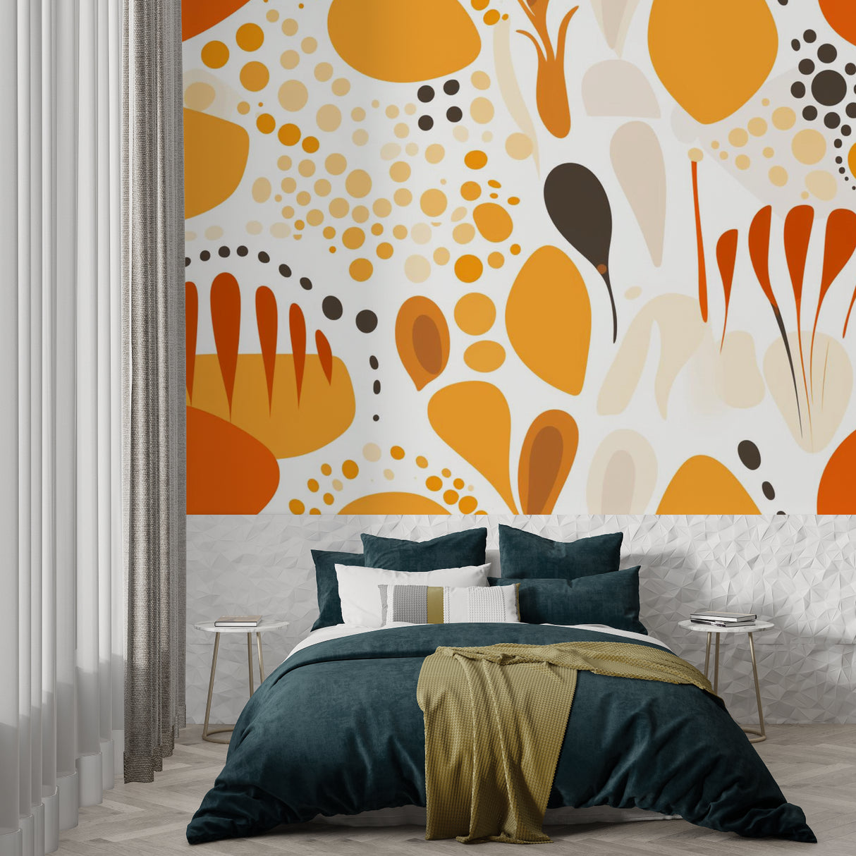 Modern Orange Geometric Wallpaper in bright contemporary living room setting with minimalist furniture