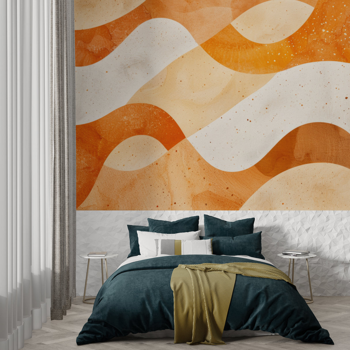 Modern orange wave wallpaper in contemporary living room creating a warm, inviting atmosphere