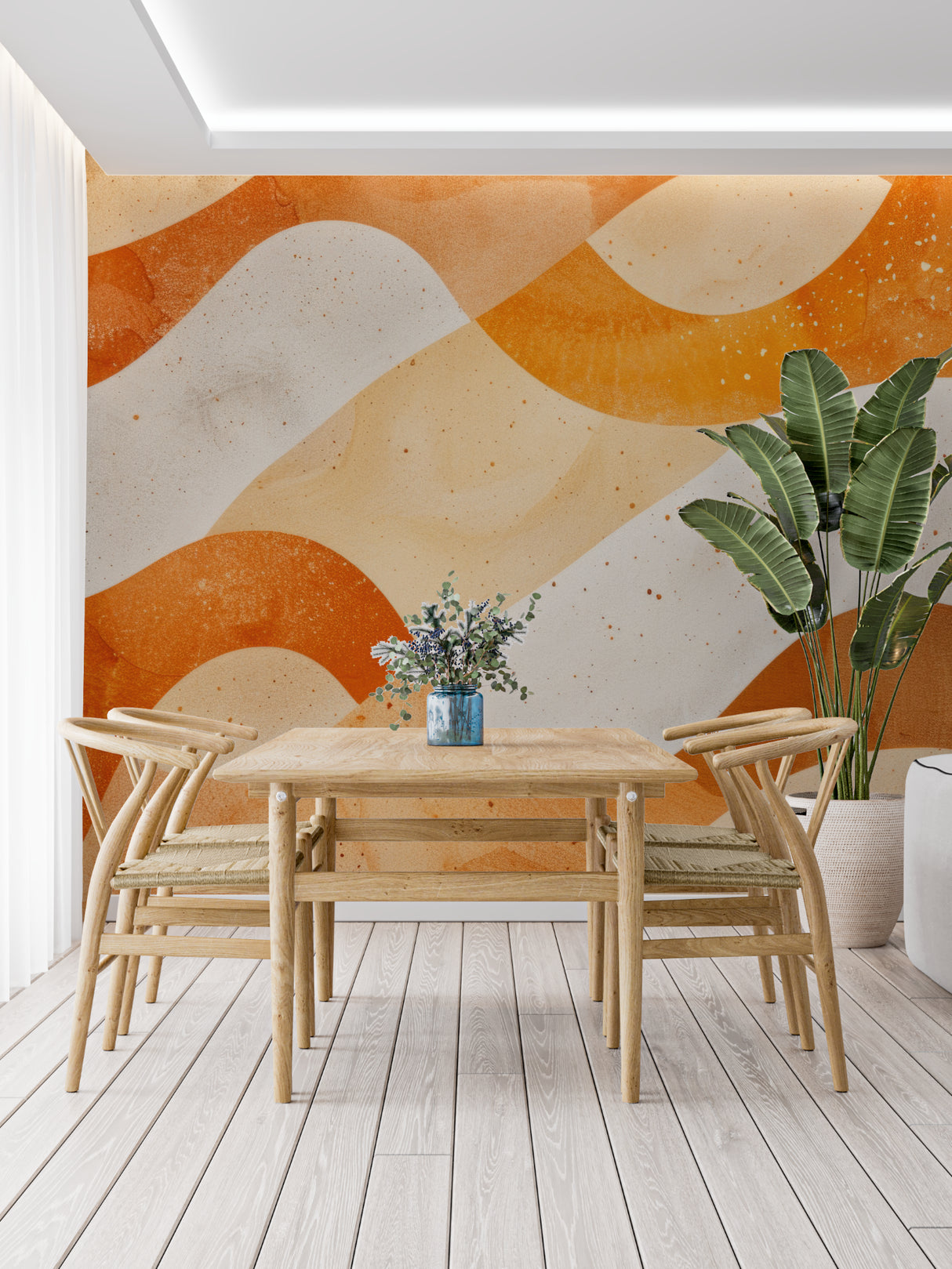 Abstract wave pattern mural in minimalist dining room with natural lighting