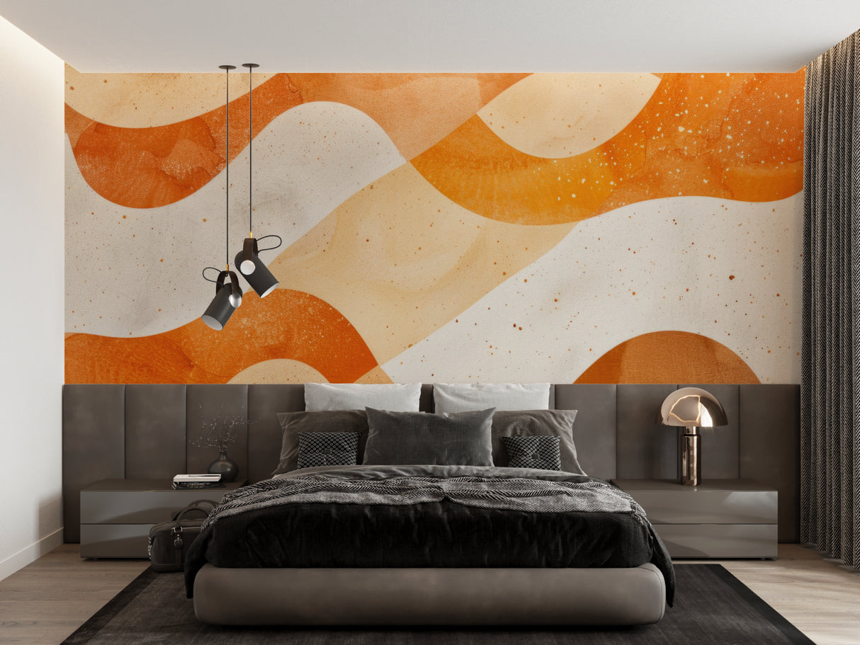 Orange abstract wall mural bringing movement to modern home office space