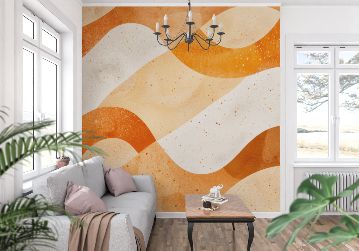 Flowing orange wave wallpaper design in bright, airy bedroom setting