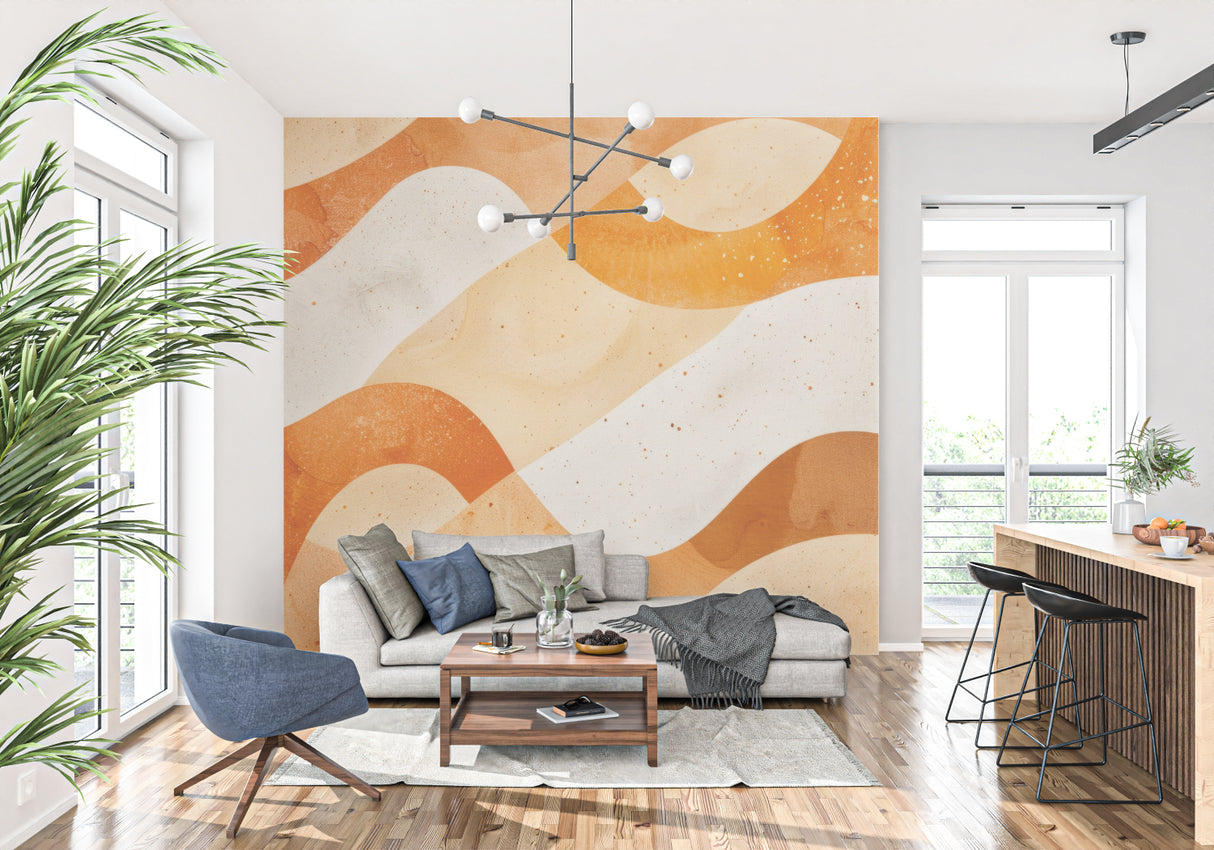 Modern abstract mural creating focal point in contemporary hallway