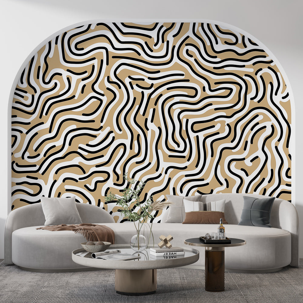Modern abstract line wallpaper in a bright living room, showing flowing organic patterns against white furniture