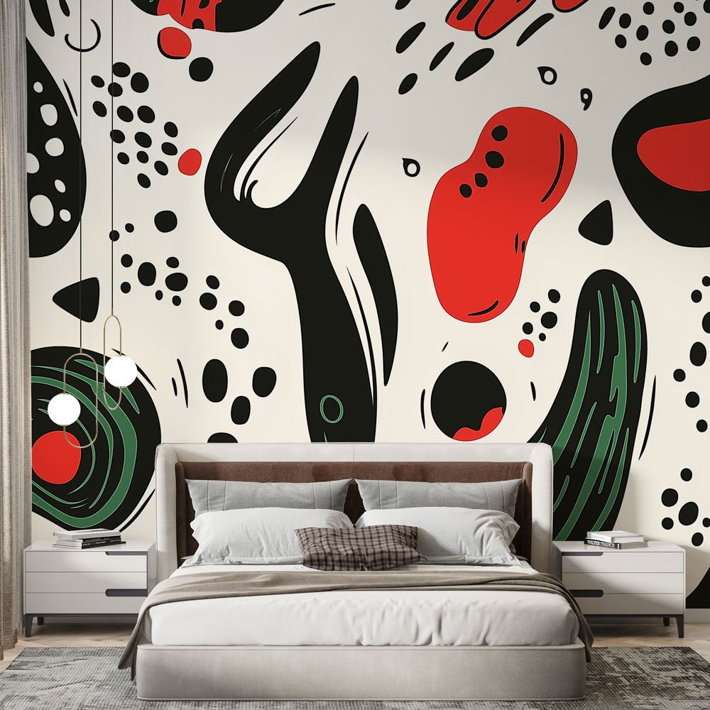 Modern abstract wallpaper creating bold statement in contemporary living room with minimal furniture and natural light