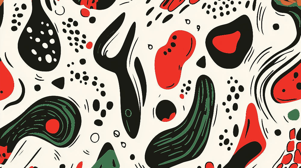 Abstract organic pattern design file showing flowing black shapes with red accents on cream background