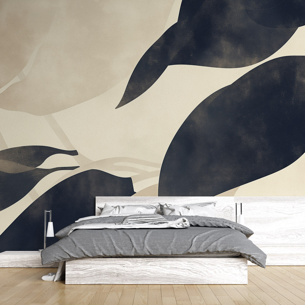 Modern Abstract Wallpaper in sleek living room showing black organic shapes on beige background
