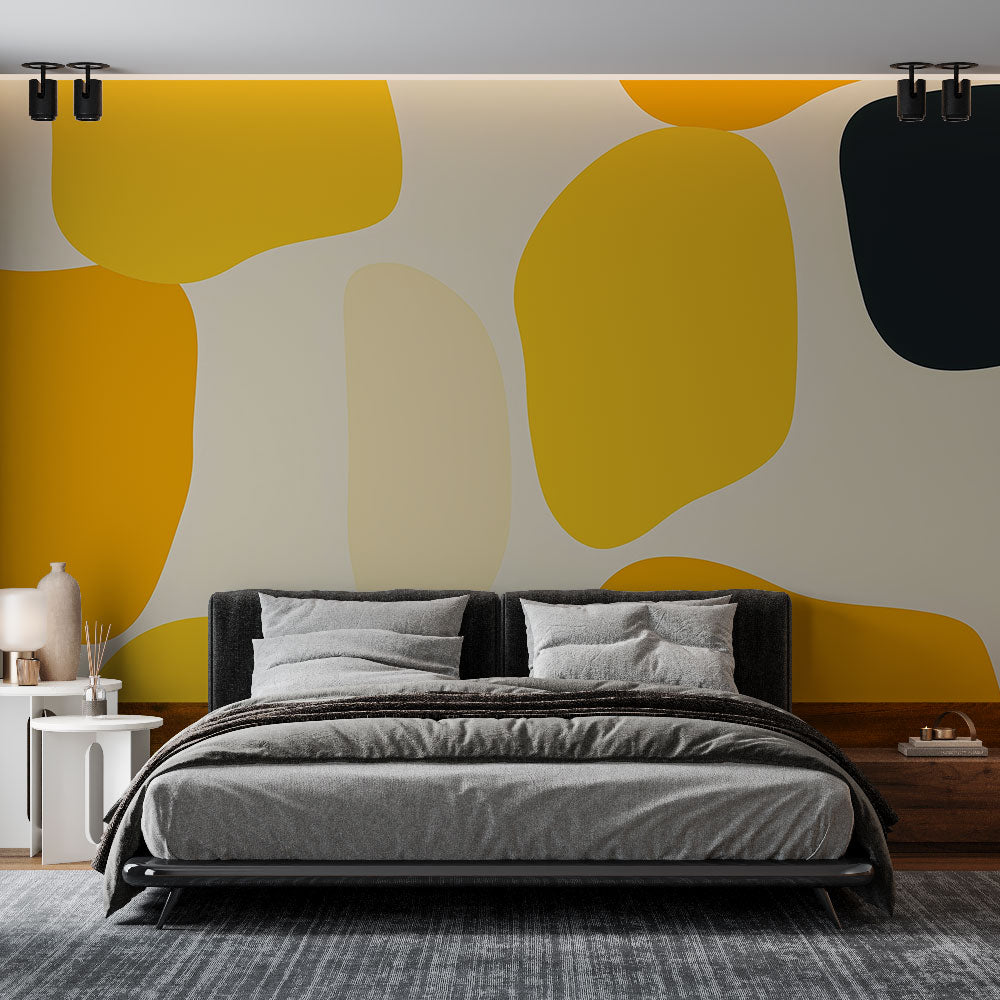 Yellow abstract wall mural bringing warmth to a modern living room, organic shapes creating depth and movement