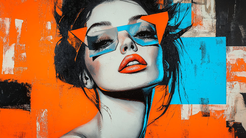 Abstract portrait design file showing vibrant orange and blue color palette with geometric elements