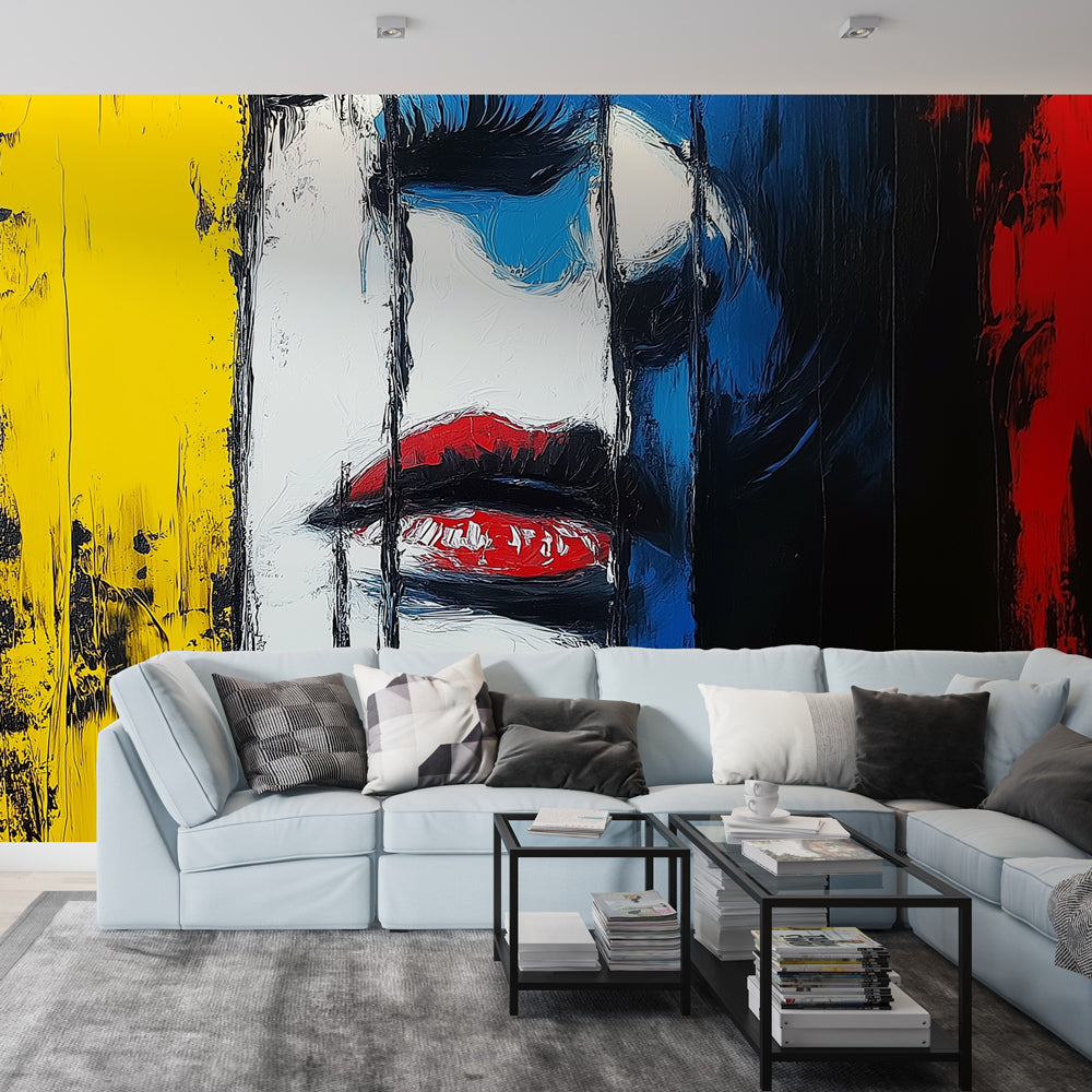 Abstract portrait mural wallpaper creating a bold statement in a modern living room with minimalist furniture