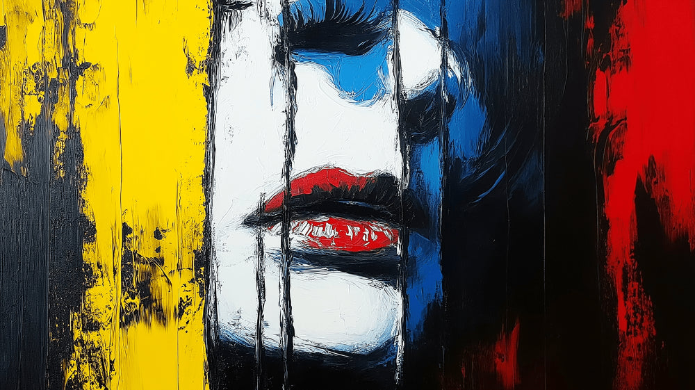 Abstract portrait wallpaper design file showing vibrant color composition with bold red lips and artistic strokes