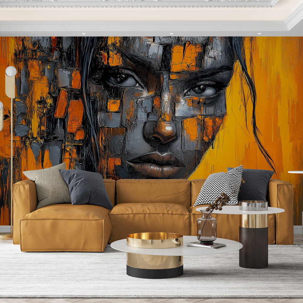 Abstract portrait wallpaper creating dramatic impact in modern living room with orange and black tones against white furniture