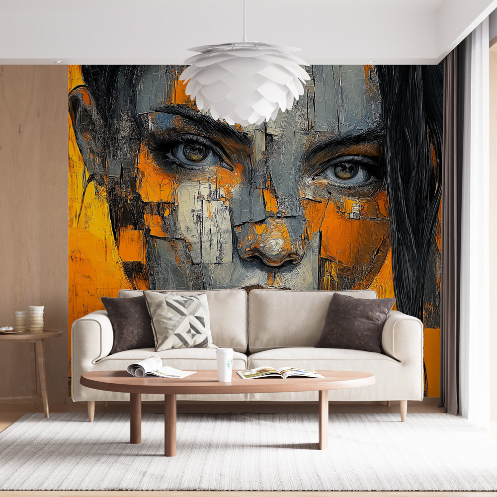 Modern abstract portrait wallpaper in orange and grey tones creating dramatic impact in a minimalist living room setting