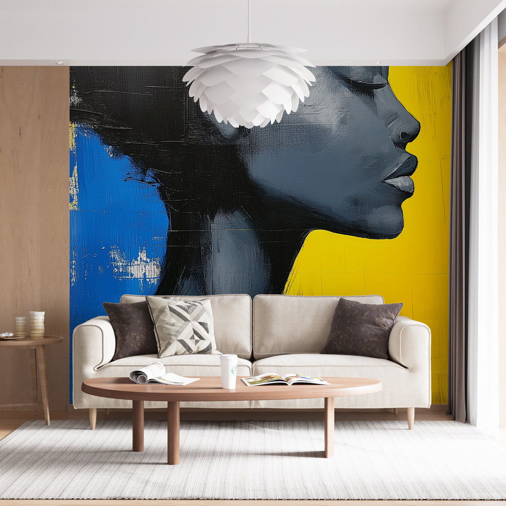Modern portrait wallpaper creating dramatic impact in a minimalist living room with clean furniture and natural light