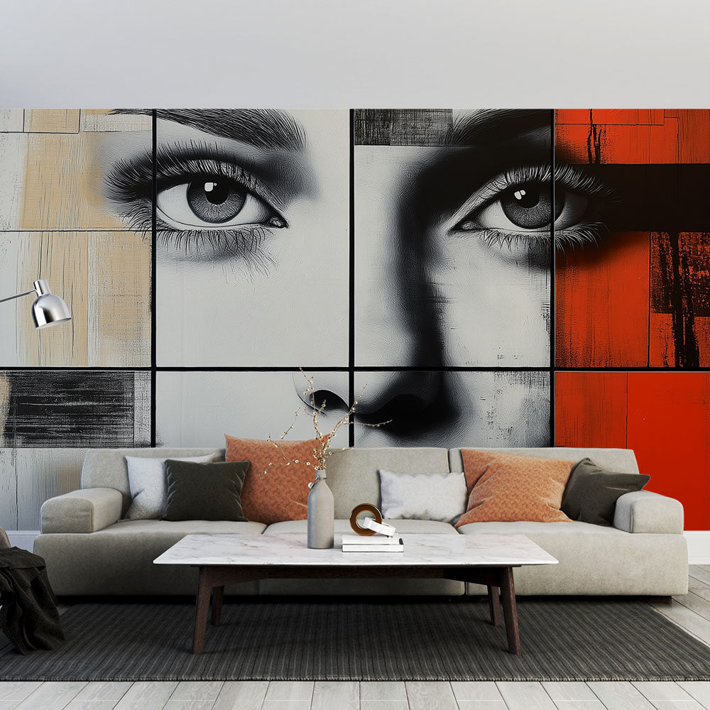 Modern Abstract Portrait Wallpaper showcased in a minimalist living room with clean furniture and natural lighting
