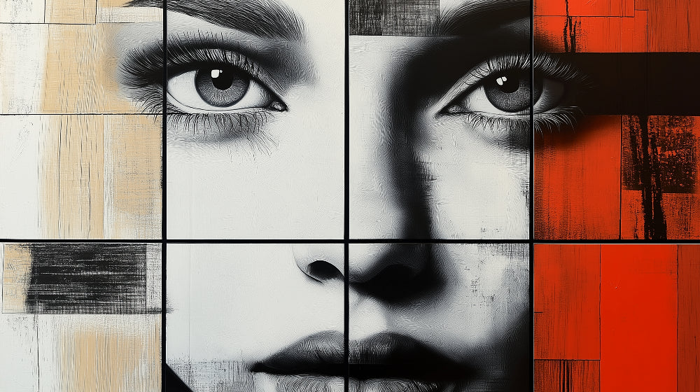 Abstract Portrait Wallpaper design file showing geometric patterns and face details in black, white, and orange-red