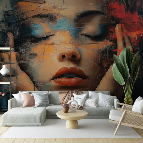 Abstract portrait wallpaper showcased in a modern living room with minimal furniture and natural lighting