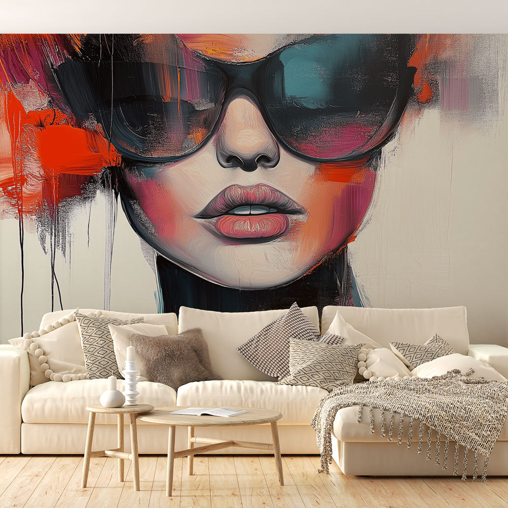 Modern abstract portrait wallpaper styled in contemporary living room, showing vibrant orange and turquoise tones