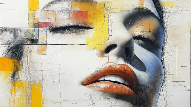 Modern Abstract Portrait Wallpaper creating a striking focal point in a minimalist living room with yellow accent furniture