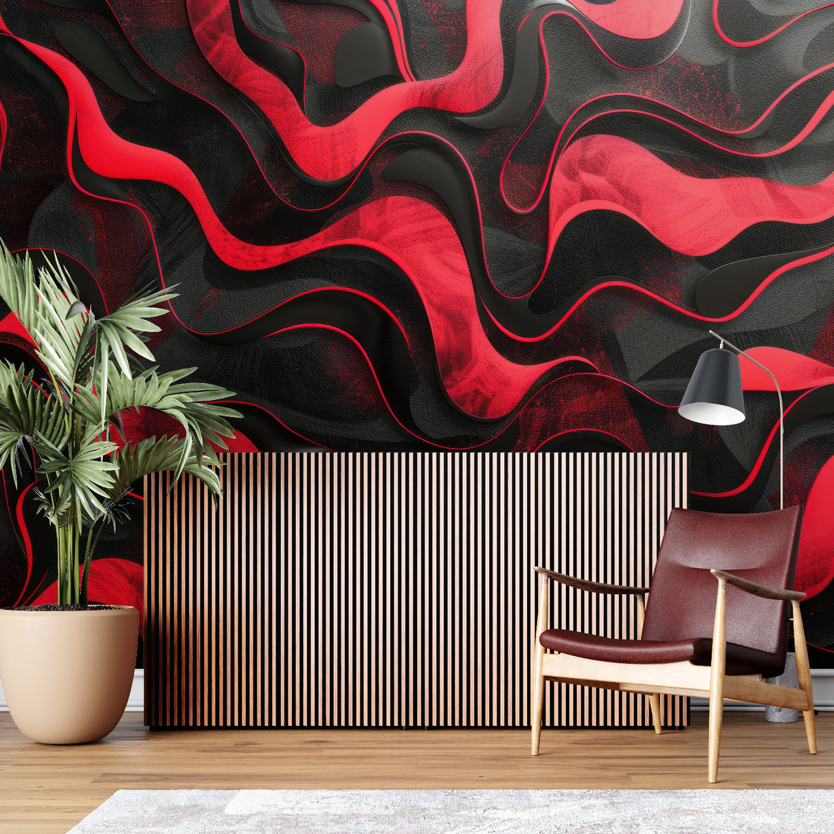 Abstract red wave wallpaper creating dynamic movement in a modern living room setting