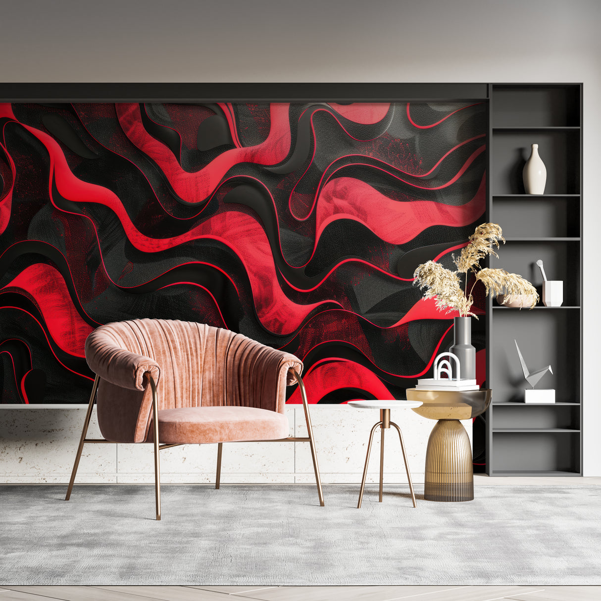 Red and black abstract wall mural making a statement in a minimalist office space