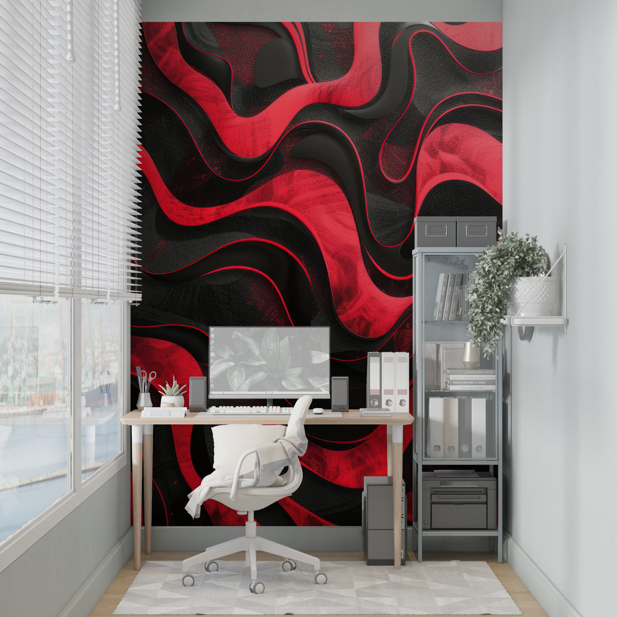 Abstract geometric wallpaper installation in a stylish home office