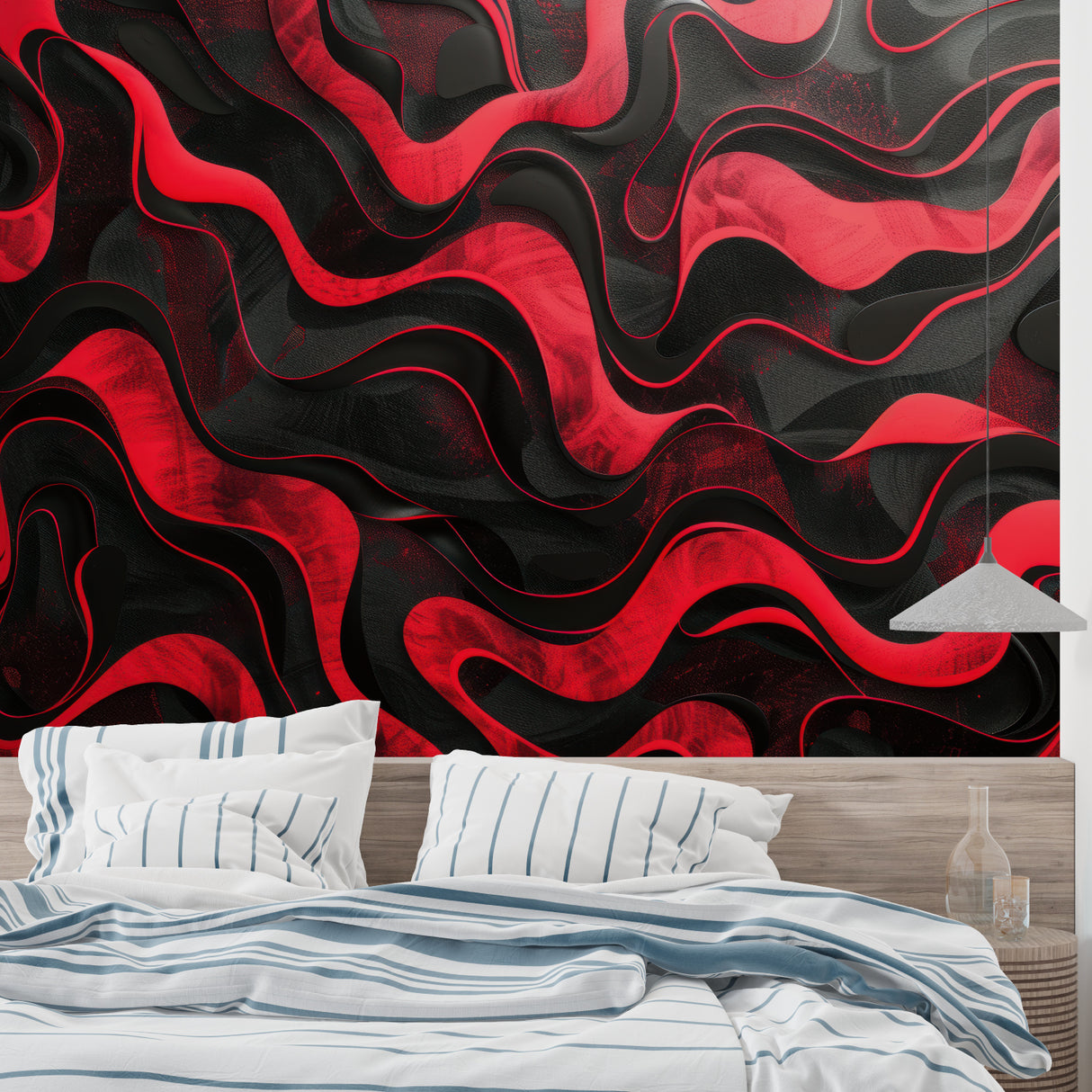 Bold red wave mural creating focal point in urban loft bedroom