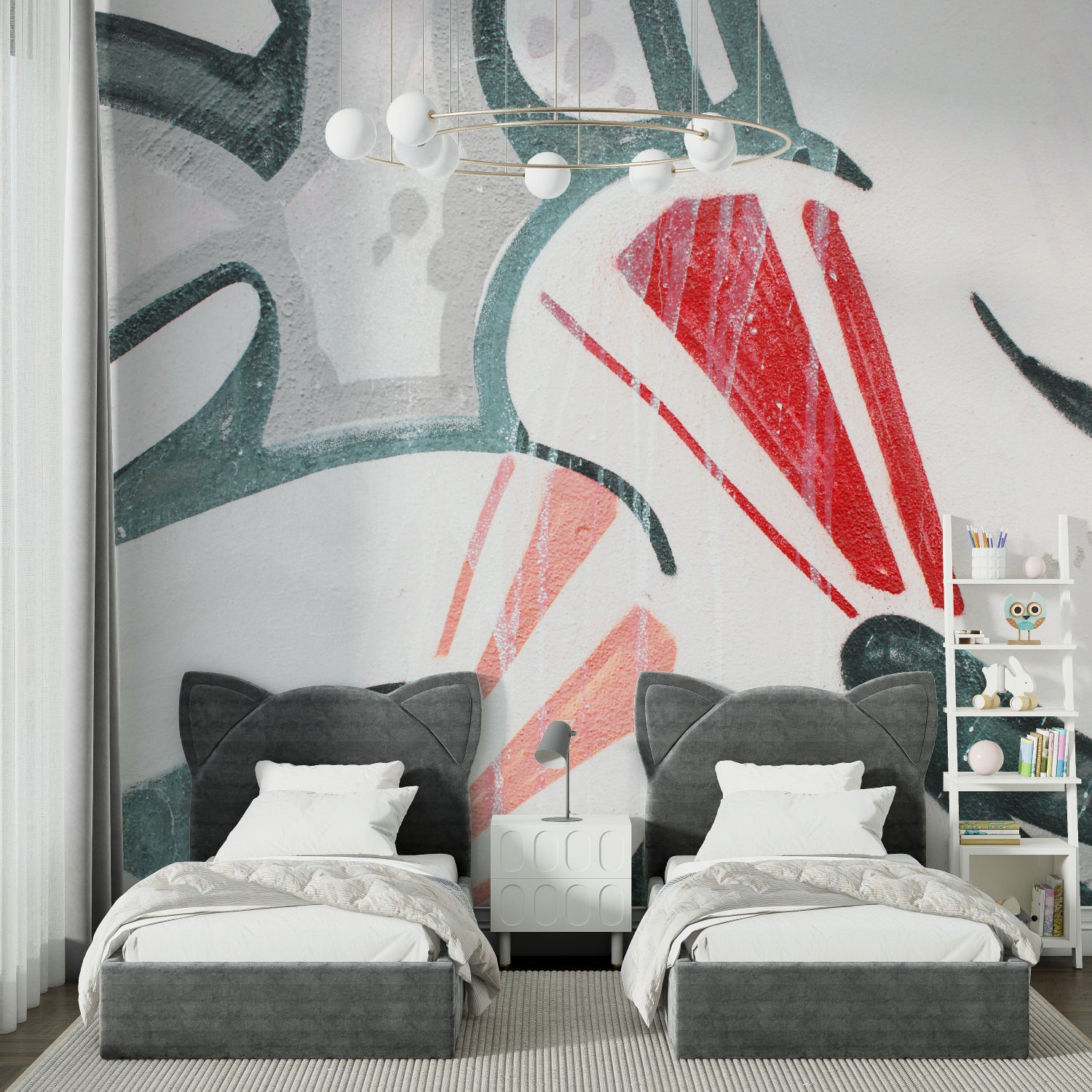 Modern Abstract Wallpaper in bright home office with natural light showing red and green geometric pattern