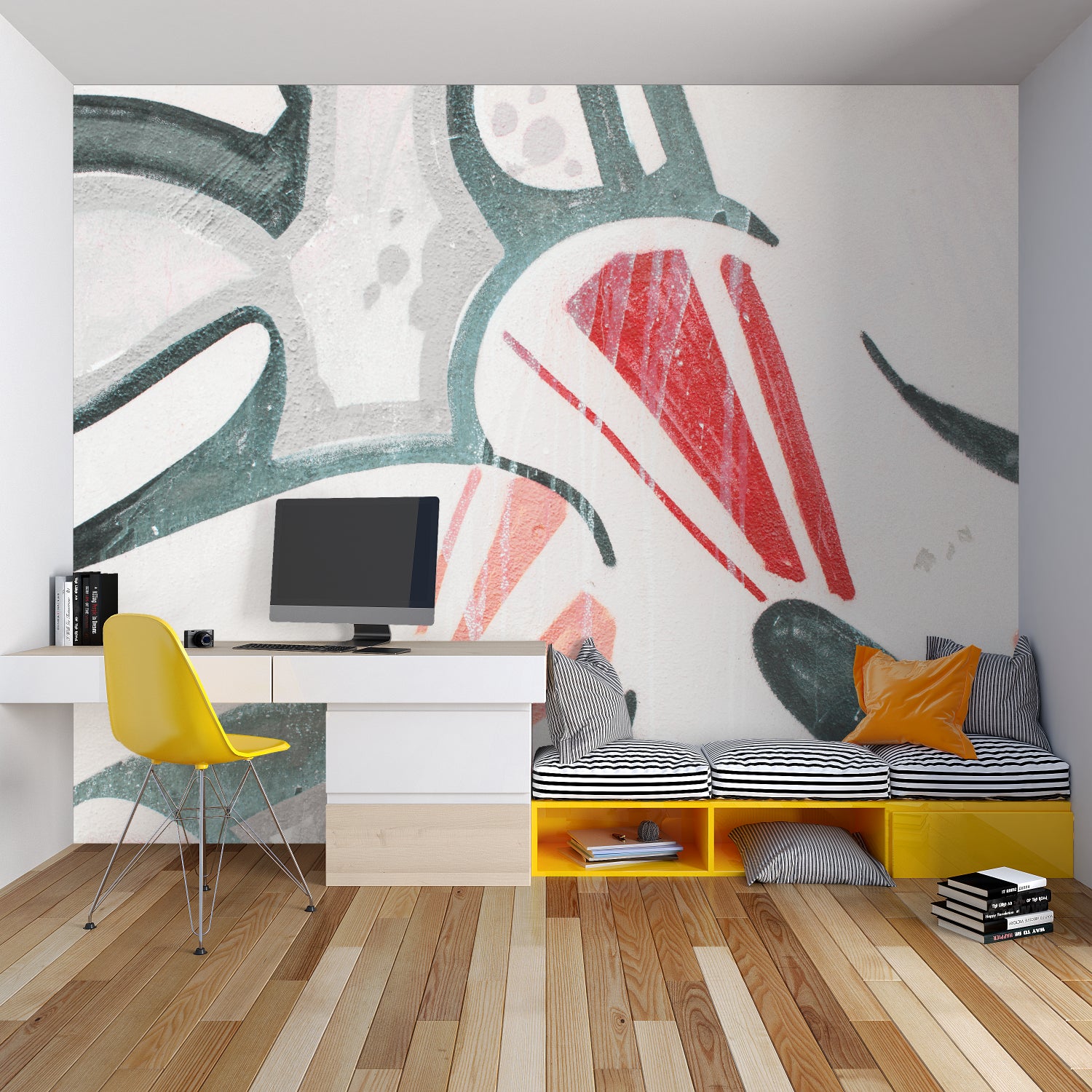 Abstract Wall Mural in contemporary living room with minimalist furniture