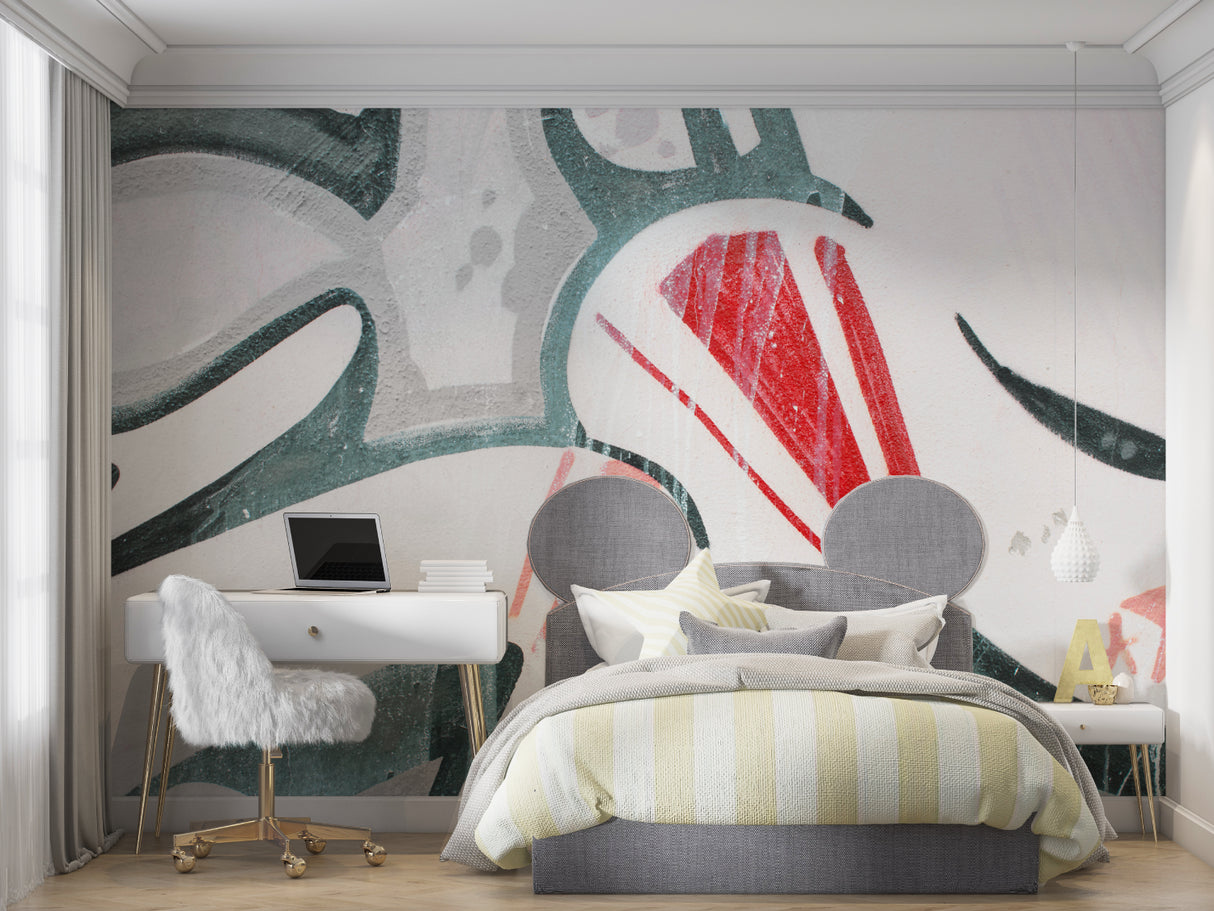 Modern abstract wallpaper in bright living room, red and green geometric patterns creating depth