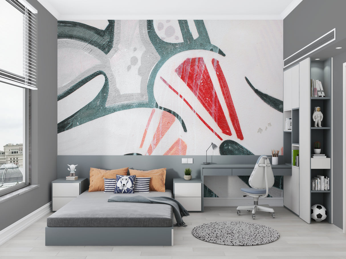 Abstract wall mural in home office setting, showcasing dynamic red curves
