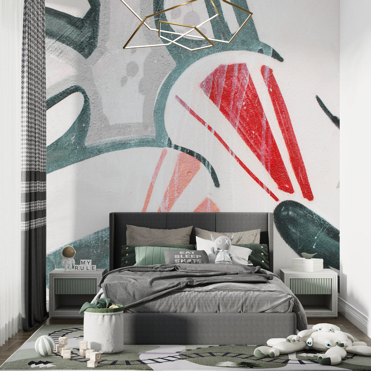 Modern geometric wallpaper installation in minimalist bedroom setting