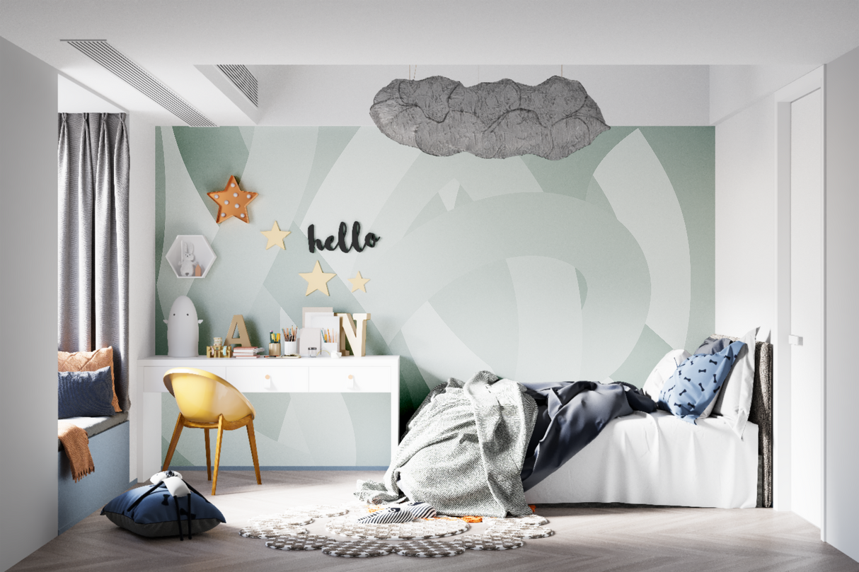 Abstract sage green wallpaper pattern bringing calm to a modern bedroom
